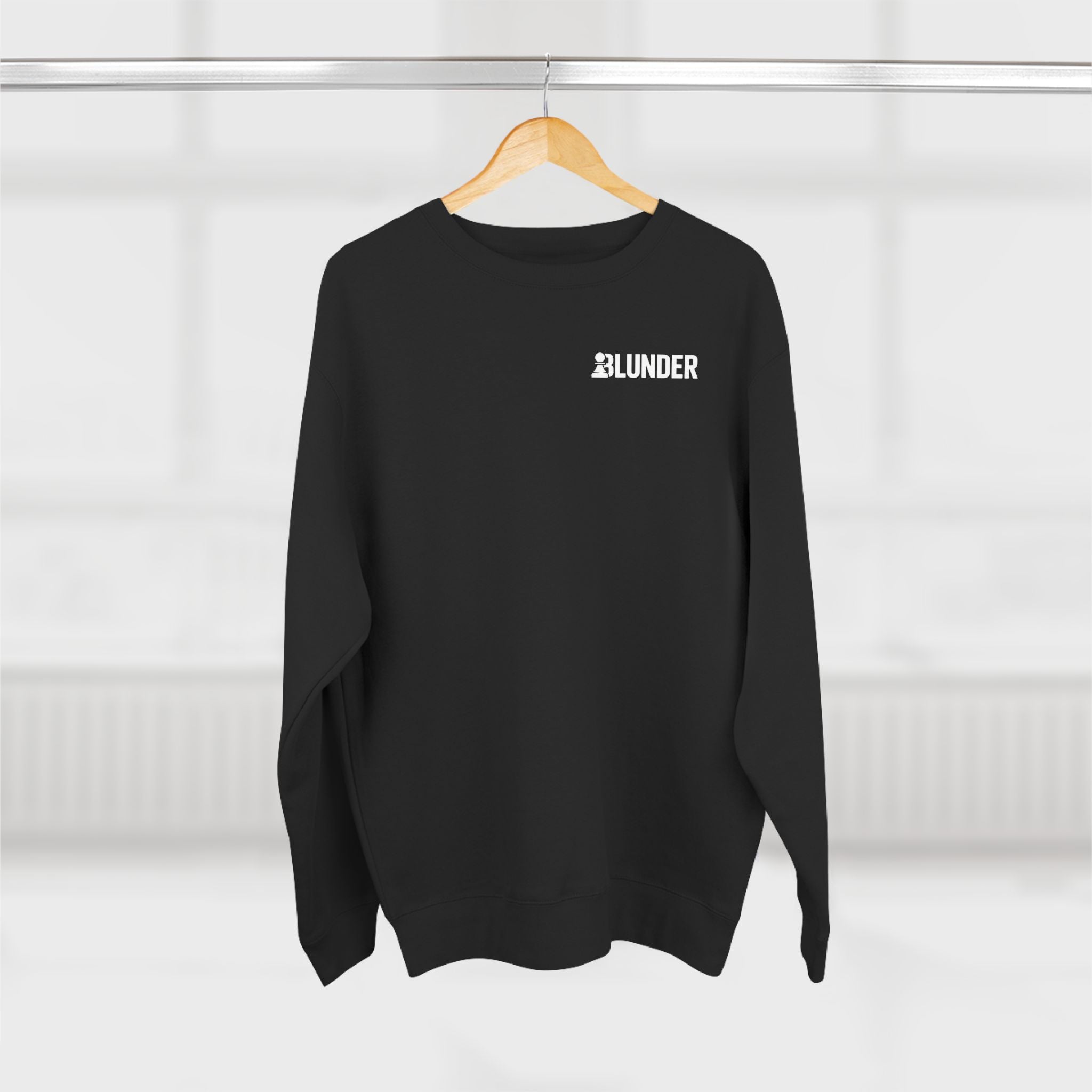 Chess King Graphic Crewneck Sweatshirt — 'BLUNDER' Chest Logo, Gothic Black Casual Pullover