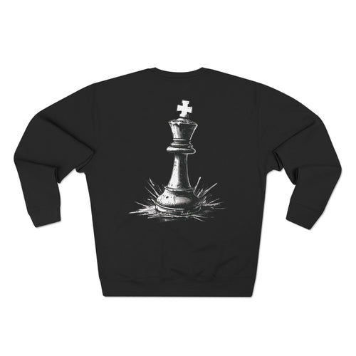 Chess King Graphic Crewneck Sweatshirt — 'BLUNDER' Chest Logo, Gothic Black Casual Pullover